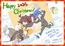  2girls black_jacket black_pants black_sailor_collar black_serafuku black_thighhighs blue_eyes blue_hair blue_hat blue_shoes border box brown_eyes brown_hair chenlianjing floating_hair full_body gift gift_box hair_between_eyes hat hat_belt holding_hands jacket kujikawa_rise long_hair long_sleeves multiple_girls neckerchief newsboy_cap open_clothes open_mouth over-kneehighs pants persona persona_4 red_border sailor_collar school_uniform serafuku shirogane_naoto shirt shoes short_hair skirt sleigh snow thigh-highs twintails wing_collar yasogami_school_uniform yellow_neckerchief yellow_skirt 