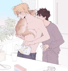  2boys a_co_pi animal ash_lynx banana_fish black_pants blonde_hair blue_eyes bread_bag brown_eyes brown_hair cat collarbone commentary_request crew_neck cup curtains food fruit grey_pants grey_shirt holding holding_animal holding_cat holding_pitcher indoors kettle knife lemon lemon_slice long_sleeves looking_at_animal looking_down male_focus multiple_boys okumura_eiji pants pitcher_(container) plant plate potted_plant pouring shirt standing sweatpants topless_male window 