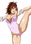  00s 1girl bachou_mouki bare_shoulders breasts brown_eyes brown_hair cleavage covered_navel hair_ornament ikkitousen large_breasts legs legs_up leotard looking_at_viewer open_mouth ponytail shiny shiny_skin smile solo spread_legs 