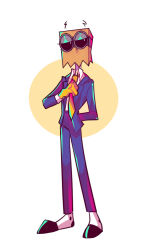  1boy adjusting_clothes adjusting_necktie arm_behind_back bag_on_head blue_jacket blue_pants collared_shirt dr._flug full_body goggles jacket looking_to_the_side male_focus necktie pants shirt shoes solo standing user_rmmx3273 villainous white_shirt yellow_necktie 