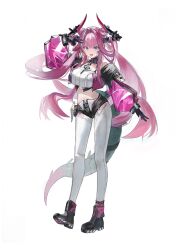  1girl arknights arknights:_endfield bare_shoulders blue_eyes chinese_commentary commentary_request crop_top detached_sleeves dragon_girl dragon_horns dragon_tail full_body gloves hair_intakes highres horns long_hair long_sidelocks looking_at_viewer multicolored_gloves multicolored_hair navel open_mouth pants pink_hair sidelocks simple_background solo standing streaked_hair tail tight_clothes tight_pants twintails two-tone_gloves v white_background white_pants wuyin4 yvonne_(arknights) 