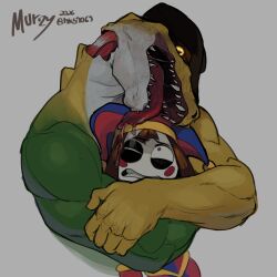  1boy 1girl absurdres artist_name broken_neck brown_hair clenched_teeth cowboy_hat crocodile_boy dated english_commentary exposed_muscle fangs furry furry_male glowing glowing_eyes gummigoo hat highres hug jester_cap licking_another's_head looking_at_another looking_down looking_up murizy_(nk54069) one_eye_closed open_mouth pomni_(the_amazing_digital_circus) saliva saliva_on_head signature teeth the_amazing_digital_circus tongue tongue_out 