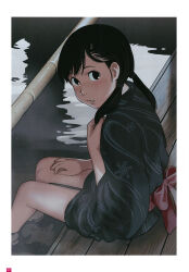  1girl absurdres bath bath_yukata black_eyes black_hair border from_above from_behind from_side hair_tie hand_in_own_hair hand_on_own_leg highres japanese_clothes kimono light_blush looking_at_viewer original page_number parted_lips print_kimono ribbon sitting snowflake_print solo takamichi twintails white_border yukata 