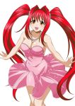  00s 1girl breasts brown_eyes cleavage collarbone dress female hair_ornament ikkitousen jewelry kanpei large_breasts long_hair long_twintails looking_at_viewer necklace open_mouth pink_dress redhead simple_background smile solo strapless strapless_dress twintails white_background 