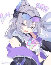  1girl bare_shoulders crop_top eyewear_on_head grey_eyes grey_hair high_ponytail highres honkai:_star_rail honkai_(series) jacket looking_at_viewer lower_teeth_only midriff off_shoulder open_mouth ponytail purple_jacket shirt silver_wolf_(honkai:_star_rail) silver_wolf_(lv.999)_(honkai:_star_rail) smile solo teeth tinted_eyewear uwasewau white_shirt 