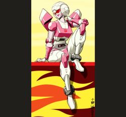  1girl arcee assault_visor autobot helmet humanoid_robot insignia makoto_ono metal_skin pink_lips robot robot_girl science_fiction sitting solo thighs transformers transformers:_generation_1 