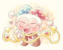  1boy :d blue_hat bow bowtie brown_shoes closed_eyes commentary_request creature facing_viewer fangs full_body hat heart jester_cap kirby_(series) kirby_super_star male_focus marx_(kirby) no_humans open_mouth red_bow red_bowtie red_hat ro2noki shoes smile solo two-tone_headwear 
