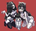  1boy 2girls alternate_costume animal_ears bangs barefoot black_eyes black_hair black_panties blood blood_in_mouth blood_on_face bloody_clothes bloody_hair bloody_hands blunt_bangs bowl_cut bra breast_press breast_rest breasts breasts_on_head cat_cutout cat_ear_panties cat_ears cat_keyhole_bra cat_lingerie cleavage cleavage_cutout collarbone crossover empty_eyes fake_animal_ears frills full_body garters grey_eyes grey_skin hair_between_eyes hair_over_one_eye hand_up ju-on kneeling large_breasts long_hair looking_at_another looking_down mother_and_son multiple_girls navel no_shoes palms panties partially_colored sadako_vs_kayako saeki_kayako saeki_toshio_(ju-on) side-tie_panties simple_background sitting stomach taniguchi_seima teeth the_grudge the_ring thigh-highs toned trait_connection underwear underwear_only very_long_hair wavy_hair white_legwear yamamura_sadako 