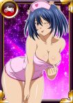  00s 1girl bare_shoulders bashoku_youjou blue_hair breasts card_(medium) cleavage female hair_ornament hat ikkitousen large_breasts leaning_forward looking_at_viewer nurse one_eye_closed short_twintails smile solo tongue tongue_out twintails wink 