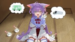  1girl absurdres ahoge blue_eyes blue_shirt collared_shirt commentary_request crying fox_girl fox_tail hair_ornament hair_rings half-closed_eyes hands_on_floor heterochromia highres inari_(tenko_shibuki) indoors japanese_clothes korean_commentary long_hair long_sleeves looking_to_the_side miko multicolored_hair nbee_ya off_shoulder on_floor open_mouth orange_eyes pom_pom_(clothes) pom_pom_hair_ornament purple_hair sad shirt sitting solo speech_bubble stellive streaked_hair striped_clothes striped_thighhighs tail tears tenko_shibuki thigh-highs virtual_youtuber wariza white_streaks wide_sleeves zettai_ryouiki 