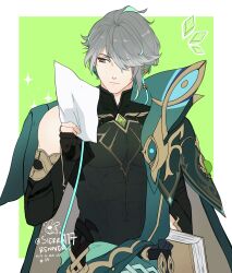  1boy abs absurdres ahoge alhaitham_(genshin_impact) artist_logo black_gloves black_shirt border cape compression_shirt detached_sleeves english_commentary genshin_impact gloves green_background green_eyes green_streaks grey_hair hair_between_eyes hair_over_one_eye headpiece highres holding holding_paper jewelry logo long_sleeves male_focus multicolored_hair paper partially_fingerless_gloves reading shirt short_hair sierra117renner simple_background solo streaked_hair twitter_username two-sided_cape two-sided_fabric upper_body white_border 