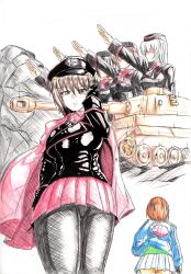  absurdres akaboshi_koume anglerfish black_gloves black_hat black_jacket black_thighhighs blue_jacket brown_eyes brown_hair cape commentary_request cross emblem fish gear_(gg2sol) girls_und_panzer gloves hat highres iron_cross itsumi_erika jacket kuromorimine_military_uniform looking_at_viewer military_vehicle miniskirt motor_vehicle nishizumi_maho nishizumi_miho ooarai_(emblem) ooarai_military_uniform red_cape red_skirt salute short_hair skirt straight-arm_salute tank thigh-highs traditional_media white_skirt 