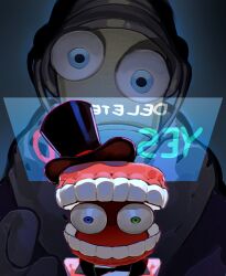  2boys black_bow black_bowtie blue_eyes bow bowtie bucket_hat caine_(the_amazing_digital_circus) chess_piece coat commentary disembodied_mouth drawer0_4 english_text fur_collar green_eyes hat heterochromia highres king_(chess) kinger_(the_amazing_digital_circus) looking_at_viewer mirrored_text multiple_boys open_mouth portrait purple_coat red_coat shirt teeth the_amazing_digital_circus top_hat untranslatable_commentary white_shirt 