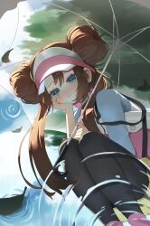  1girl absurdres bag black_pantyhose blue_eyes blush breasts brown_hair closed_mouth commentary_request donut_hair_bun double_bun hair_bun hat highres holding holding_umbrella korean_commentary long_hair naz_(hsae3838) pantyhose pantyhose_under_shorts pokemon pokemon_bw2 puddle raglan_sleeves reflection reflection_focus reflective_liquid rosa_(pokemon) shirt shorts shoulder_bag solo squatting twintails umbrella visor_cap water yellow_shorts 