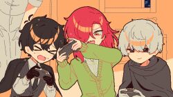  >_< 4boys :d amano_mashiro black_gloves black_hair black_jacket blush buttons cardigan cloak closed_mouth collared_shirt controller dress_shirt fang game_cg game_controller gear_print gloves green_cardigan grey_cloak grey_gloves grey_pants grey_suit grey_vest hands_on_own_thighs head_out_of_frame hood hooded_cloak hyoutenka_30-do_no_zetsubou indoors jacket kobayashi_luca kuchinashi_dabi long_sleeves looking_at_viewer medium_hair mitsudomoe_koubou multiple_boys necktie no_sclera non-web_source official_art open_mouth pants pinstripe_pattern pinstripe_vest pixel_art playing_games print_necktie self-datamine sharp_teeth shirt short_hair sitting smile sparkling_eyes standing stuffed_animal stuffed_toy suit teddy_bear teeth tonimura_yui upper_body v-shaped_eyebrows vest white_shirt 