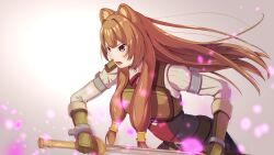  1girl alternate_breast_size_(smaller) animal_ear_fluff animal_ears armor bad_id bad_pixiv_id belt black_dress breastplate breasts brown_armor brown_background brown_belt brown_gloves brown_hair collared_dress dress elbow_gloves floating_hair from_side gloves gradient_background high_collar highres holding holding_sheath holding_sword holding_weapon koneko2000 leaning_forward leather leather_armor leather_gloves light_particles long_hair long_sleeves looking_ahead metal_arm_cuffs metal_wrist_cuffs neck_ribbon open_collar open_mouth pauldrons pink_eyes pinstripe_dress pinstripe_pattern raccoon_ears raccoon_girl raphtalia red_dress red_ribbon ribbon scabbard sheath shoulder_armor single_pauldron sleeveless sleeveless_dress small_breasts solo straight_hair sword tate_no_yuusha_no_nariagari teeth tongue two-tone_dress unsheathing upper_body upper_teeth_only v-shaped_eyebrows weapon white_background white_dress 