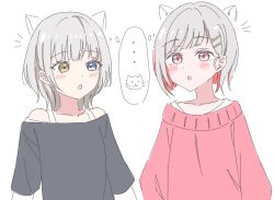  2girls :o animal_ears bang_dream! bang_dream!_it's_mygo!!!!! bare_shoulders black_shirt blue_eyes blush cat cat_ears collarbone colored_inner_hair crossover drawn_ears grey_hair hair_ornament hairclip heterochromia highres iroha_(nami3) kaname_raana link!_like!_love_live! looking_at_another love_live! medium_hair multicolored_hair multiple_girls off-shoulder_shirt off_shoulder parallel_hairclips pink_eyes red_hair red_sweater shared_thought_bubble shirt short_hair speech_bubble spoken_animal sweater thought_bubble virtual_youtuber yellow_eyes yugiri_tsuzuri 