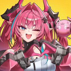  1girl ;d arknights arknights:_endfield black_gloves blue_eyes blush breasts collarbone commentary_request english_text fang gloves hands_up heart heart_hands highres horns jacket long_sleeves looking_at_viewer medium_breasts off_shoulder one_eye_closed pink_gloves pink_hair pink_jacket puffy_long_sleeves puffy_sleeves robot shirt short_eyebrows smile solo thick_eyebrows twintails upper_body v-shaped_eyebrows white_shirt yellow_background yeong_r6 yvonne_(arknights) 