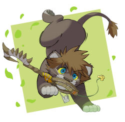  1boy absurdres animal_ears blue_eyes brown_fur brown_hair commentary_request furry furry_male highres jewelry keyblade kingdom_hearts kinoshita_jiroh leaf lion_boy lion_ears lion_tail male_focus necklace sora_(kingdom_hearts) spiky_hair tail weapon_in_mouth 