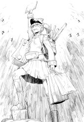  1girl arm_up backpack bag bruise bruise_on_face commentary_request flat_chest from_below full_body greyscale holding holding_bag ikusotsu injury japanese_clothes kantai_collection kariginu magatama miniskirt monochrome platform_shoes pleated_skirt ryuujou_(kancolle) shoes shopping_bag skirt solo twintails visor_cap 