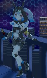  1girl absurdres barcode barcode_tattoo black_gloves black_jacket black_shoes black_shorts blue_socks blurry blurry_background bronya_zaychik bronya_zaychik_(haxxor_bunny) chinese_commentary commentary_request drill_hair full_moon gloves grey_eyes grey_hair highres honkai_(series) honkai_impact_3rd jacket knee_pads midriff moon night open_mouth outdoors qing_ling_(user_pfcn2322) shoes shorts single_knee_pad socks solo tattoo twin_drills 