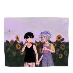  2boys antenna_hair artist_name bandaid bandaid_on_arm bandaid_on_cheek bandaid_on_face bandaid_on_hand basil_(headspace)_(omori) basil_(omori) black_eyes black_hair black_tank_top blue_overalls closed_mouth collarbone colored_skin commentary double-parted_bangs english_commentary flower flower_wreath green_eyes green_hair green_shirt hair_between_eyes head_wreath highres holding_hands looking_at_another male_focus multiple_boys omori omori_(omori) open_mouth overall_shorts overalls power_lines shirt short_hair shorts sidelocks striped_clothes striped_shorts sunflower t-shirt tank_top teatya teeth upper_teeth_only vertical-striped_clothes vertical-striped_shorts white_shorts white_skin 