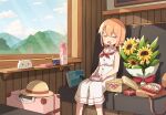  1girl closed_eyes dress drooling flower gochuumon_wa_usagi_desu_ka? ground_vehicle hat hoto_cocoa mohei open_mouth orange_hair ribbon sitting sleeping sleeveless solo sun_hat sundress train 