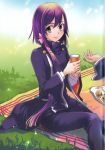  1girl almond_eyes cup field grass long_hair outdoors picnic purple_hair scan school_uniform sitting smile snack tagme tokyo_ravens tsuchimikado_natsume 