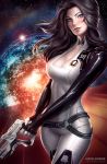  1girl black_hair blue_eyes bodysuit breasts choker cleavage eyelashes glowing gun honeycomb_pattern large_breasts lips long_hair looking_at_viewer madeleineink mass_effect mass_effect_2 miranda_lawson nose solo space star watermark weapon 