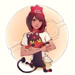  10s 1girl beanie black_hair dark_skin female_protagonist_(pokemon_sm) litten nintendo pokemon pokemon_(game) pokemon_sm short_hair zolaida 