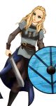  1girl belt blonde_hair blue_eyes dutch_angle eyebrows gloria_jaurequi highres holding holding_sword holding_weapon lagertha lips long_hair shield solo sword tagme vikings_(history) weapon 