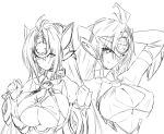  2girls ahoge bare_shoulders breasts cleavage elbow_gloves female gloves highres kos-mos large_breasts long_hair monochrome multiple_girls negresco nipples sketch t-elos under_boob xenosaga 