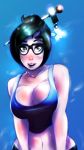  1girl bare_shoulders blush breasts brown_eyes brown_hair cleavage large_breasts looking_at_viewer mei_(overwatch) midriff navel open_mouth overwatch solo tank_top 