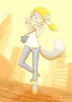  1girl artist_request blonde_hair dog female full_body furry one_eye_closed outdoors pink_eyes short_hair sky solo 