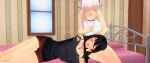  2girls 3d bare_shoulders black_hair breasts closed_eyes custom_maid_3d_2 ear_cleaning fujimi_suzu hand_on_another&#039;s_head headphones highres lap_pillow large_breasts long_hair lying mimikaki multiple_girls nitroplus on_side open_mouth pink_hair sitting super_sonico uld_macaron 