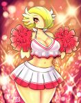  1girl blonde_hair breasts cheerleader cleavage curvy gardevoir hair_over_one_eye kenron_toqueen large_breasts looking_at_viewer mega_gardevoir mega_pokemon midriff navel nintendo pink_eyes pokemon pom_poms smile solo thick_thighs wide_hips 