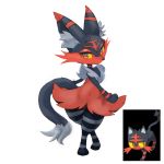 10s alternate_color ambiguous_gender animal_ears braixen cat_ears cat_tail closed_mouth fox_ears full_body litten lowres no_humans pointy_ears pokemon pokemon_(creature) pokemon_(game) pokemon_sm red_eyes striped tail whiskers white_background yellow_sclera 