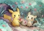  :3 apple brown_eyes commentary_request flower food fruit giving heart mimikyu_(pokemon) no_humans pikachu pikachurin pokemon pokemon_(creature) pokemon_(game) pokemon_sm tears traditional_media 