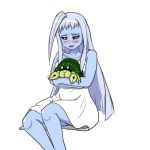  1boy 1girl ahoge black_sclera blue_skin blush crab dullahan hermit_crab huge_ahoge lala_(monster_musume) monster_girl monster_musume_no_iru_nichijou okayado_(character) silver_hair simple_background white_background white_dress 