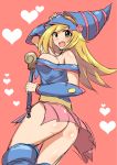  1girl ass bare_legs bare_shoulders blonde_hair blue_boots boots bracer breasts dark_magician_girl duel_monster female hat large_breasts long_hair looking_at_viewer magical_girl open_mouth skirt smile solo staff yu-gi-oh! yuu-gi-ou_duel_monsters 