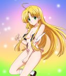  1girl absurdres ahoge asia_argento blonde_hair breasts green_eyes high_school_dxd highres long_hair looking_at_viewer maximilian-destroyer panties pink_panties small_breasts socks solo torn_clothes torn_panties torn_socks underwear white_legwear 