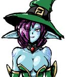  blue_skin breasts bursting_breasts cleavage corset dark_elf elf hat large_breasts pointy_ears purple_hair tattoo witch_hat 