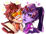  2girls goggles multiple_girls overwatch purple_skin smile tracer_(overwatch) widowmaker_(overwatch) 