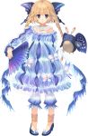  1girl :o anklet aquaplus bird blonde_hair blue blue_eyes braid butterfly_hair_ornament dress dungeon_travelers_2 eyebrows eyebrows_visible_through_hair flying full_body hair_ornament highres holding_fan jewelry lizerietta_marsh long_hair long_sleeves looking_at_viewer mitsumi_misato official_art penguin pigeon-toed transparent_background twin_braids 