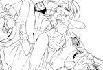  1girl 90s ballerina breasts cleavage corset crotch earrings female from_below gloves hand_on_hip key large_breasts leg_up lineart long_gloves long_hair mecha monochrome primarda robot_girl solo_focus tutu yuusha_ou_gaogaigar yuusha_series 
