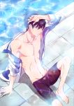  1boy barefoot black_hair blue_eyes free! male_focus nanase_haruka_(free!) swim_trunks wet 