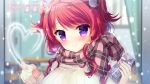  1girl blush bow chuablesoft female fingernails fringe gift head_tilt heart highres holding k.y_ko looking_at_viewer plaid plaid_scarf present redhead ribbons rinka_(chuablesoft) scarf smile snow snowflake solo sweater two_side_up valentine violet_eyes wallpaper 