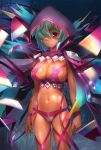  1girl :&lt; aqua_hair blue_hair breasts cape cleavage cowboy_shot dark_skin deep_skin female hair_over_one_eye hood large_breasts looking_at_viewer motion_blur nasara_(taimanin_asagi) navel red_eyes sasayuki shiny shiny_skin short_hair solo standing taimanin_asagi taimanin_asagi_battle_arena thigh_gap thighs 