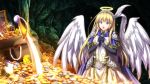  1girl agnes_(sankai_ou_no_yubiwa) angel black_gloves blonde_hair blue_eyes feathers female game_cg gloves gold hair_ornament halo long_hair open_mouth sankai_ou_no_yubiwa solo sword tiara treasure wings 