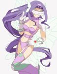  00s 1girl digimon digimon_frontier fairymon female garter_belt gloves long_hair monster_girl navel purple_hair shoulder_pads simple_background smile thigh-highs visor wings 